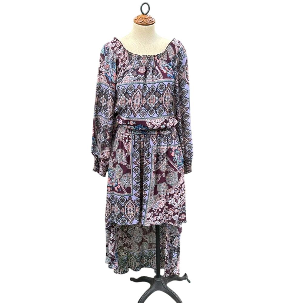Fire Los Angeles Dress Purple Paisley Boho Peasant Hi Low Hem Women's Medium